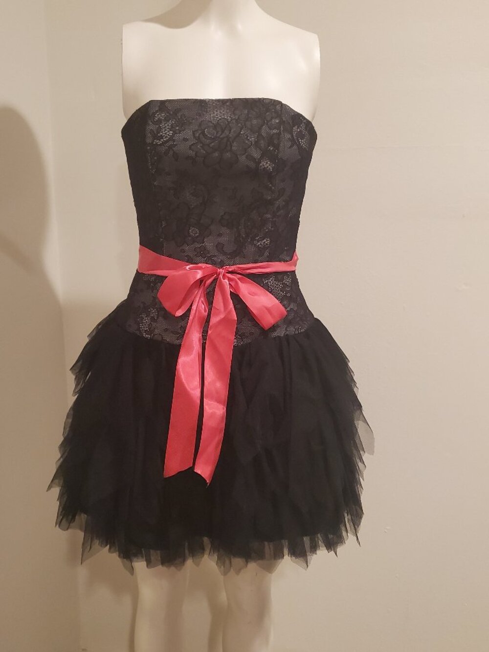 Jessica McClintock Y2K Black Lace Tulle Mini Dress 2 Pink Sash Boned Corset Prom